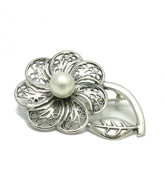 A000036 Stylish Sterling Silver Brooch Flower Pearl 925
