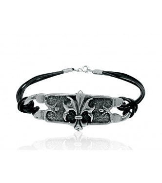 B000138 Sterling Silver Bracelet Solid 925 Fleur de Lys Natural leather