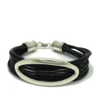 B000152 Sterling Silver Bracelet Solid 925 Ellipse Natural leather
