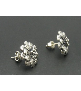 E000144 Sterling Silver Earrings Solid Flowers 925