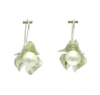 E000490 Sterling Silver Earrings Solid Flower Pearl 925