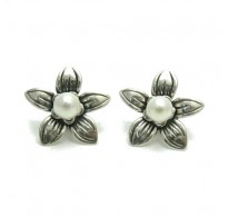 E000519 Sterling Silver Earrings Solid Flower Pearl 925