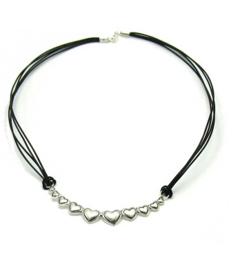 N000272 Sterling Silver Necklace Solid 925 Hearts Natural Leather