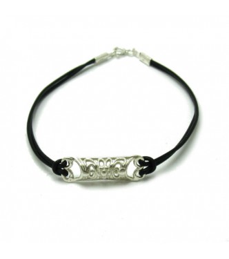 B000166 Sterling Silver Bracelet Solid 925 Black leather