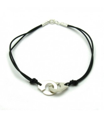 B000175 Sterling Silver Bracelet Solid 925 Handcuffs with Black leather