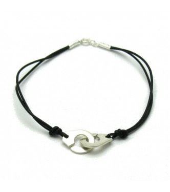 B000175 Sterling Silver Bracelet Solid 925 Handcuffs with Black leather