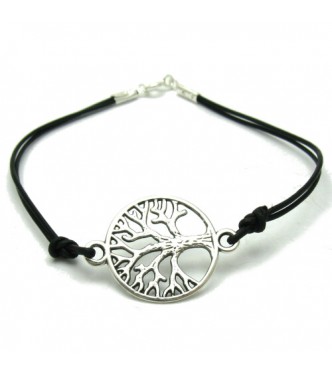 B000178 STERLING SILVER BRACELET TREE OF LIFE SOLID 925 WITH BLACK LEATHER 