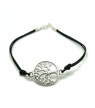 B000178 STERLING SILVER BRACELET TREE OF LIFE SOLID 925 WITH BLACK LEATHER 