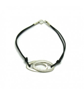 B000189 Sterling Silver Bracelet Solid 925 ellipses with natural leather EMPRESS