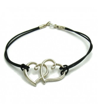 B000190 Sterling Silver Bracelet Solid 925 two hearts with natural leather EMPRESS