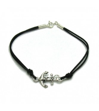 B000192 Sterling Silver Bracelet Solid 925 Anchor with black leather EMPRESS