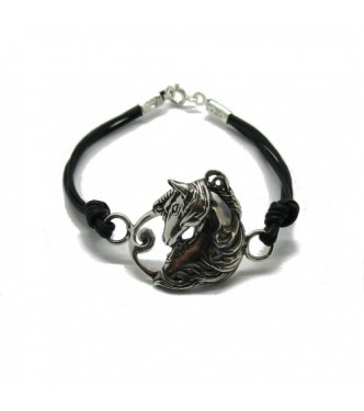 B000222 Sterling silver bracelet solid 925 Unicorn with leather Empress