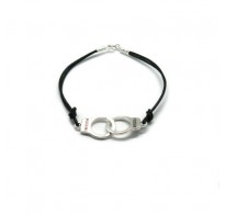 B000243 Sterling Silver Bracelet Solid 925 Handcuffs with Black leather