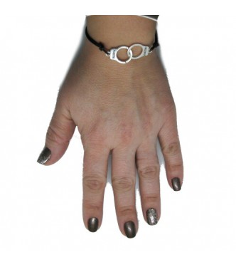 B000243 Sterling Silver Bracelet Solid 925 Handcuffs with Black leather