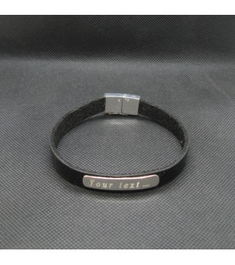 B000254 Sterling Silver ID Bracelet Solid 925 With Natural Black Leather