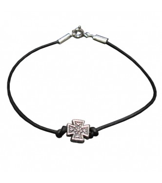 B000255 Sterling Silver Bracelet Genuine Hallmarked Solid 925 Cross With Black Leather Empress
