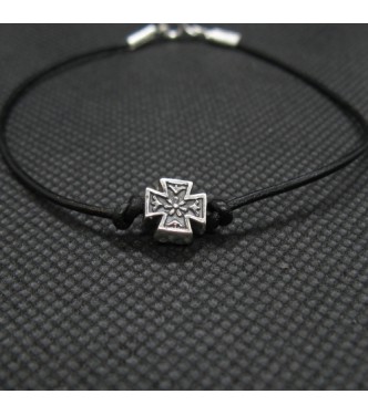 B000255 Sterling Silver Bracelet Genuine Hallmarked Solid 925 Cross With Black Leather Empress