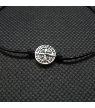 B000256 Sterling Silver Bracelet Genuine Hallmarked Solid 925 Saint Benedict With Black Leather