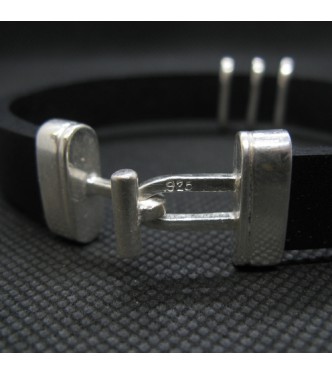B000257 Genuine Sterling Silver Bracelet Solid Hallmarked 925 With Natural Black Leather