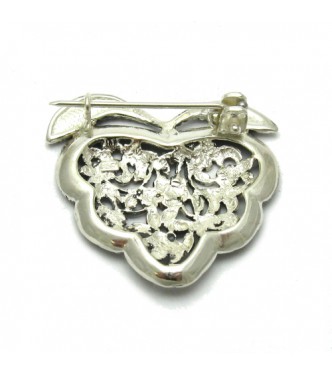 A000049 Sterling Silver Brooch Solid Stamped 925 Heart and Flowers