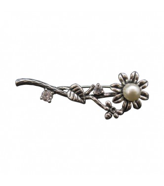 A000158P Sterling Silver Brooch Flower with Pearl and Cubic Zirconia Solid Stamped 925
