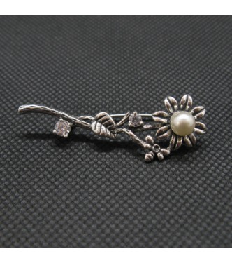 A000158P Sterling Silver Brooch Flower with Pearl and Cubic Zirconia Solid Stamped 925