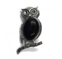 A000163 Genuine Sterling Silver Brooch Owl With Black Onyx Solid Hallmarked 925 Handmade