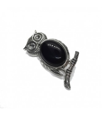 A000163 Genuine Sterling Silver Brooch Owl With Black Onyx Solid Hallmarked 925 Handmade