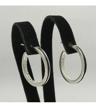 E000110 Stylish Sterling Silver Earrings Natural Leather Hoops 925