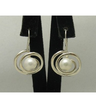E000223 Sterling Silver Earrings Solid Spiral Pearl 925