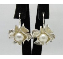 E000296 Sterling Silver Earrings Solid Flower Pearl 925