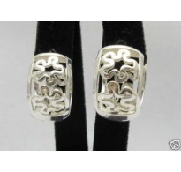 E000249 Sterling Silver Earrings Solid Hoops Flowers 925