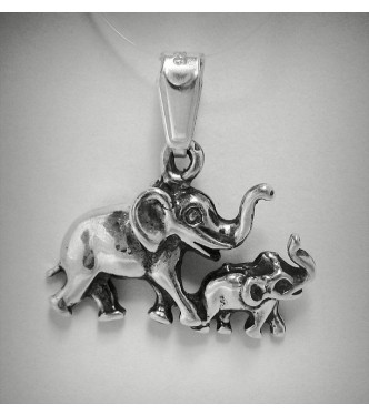 PE000848 Sterling Silver Pendant Solid 925 Two Elephants