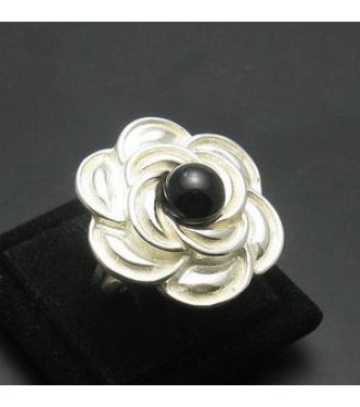 R000628O Sterling Silver Ring Flower Onyx Hallmarked Solid 925 Adjustable Size Empress