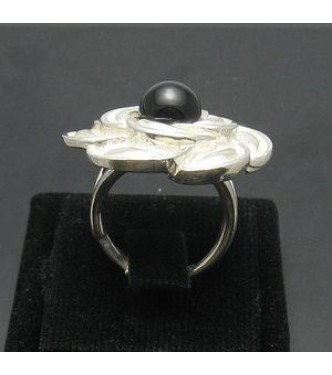 R000628O Sterling Silver Ring Flower Onyx Hallmarked Solid 925 Adjustable Size Empress