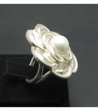 R000628P Sterling Silver Ring Flower Pearl 925 Adjustable Size Nickel Free Empress