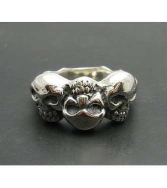  R000762 Sterling Silver Biker Ring Genuine Solid 925 Three Skulls Handmade Empress