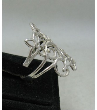R001136 Stylish Long Genuine Sterling Silver Ring Flower Solid 925 Handmade Empress