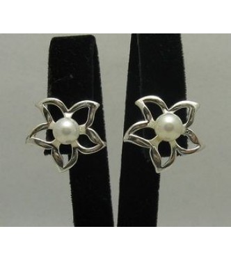 E000172 Sterling Silver Earrings Solid Flower Pearl 925