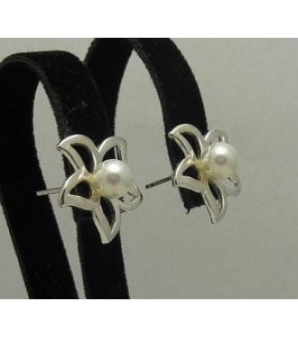 E000172 Sterling Silver Earrings Solid Flower Pearl 925