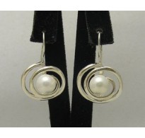 E000223 Sterling Silver Earrings Solid Spiral Pearl 925
