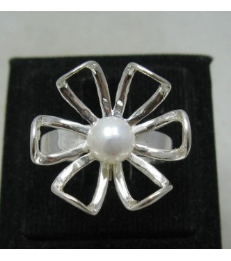 R001189 Genuine Stylish Sterling Silver Ring Solid 925 Flower 6mm Pearl Perfect Quality