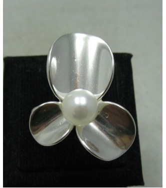 R001144 Plain Stylish Sterling Silver Ring Solid 925 Flower 8mm Pearl Handmade