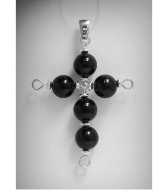 PE000351 Sterling Silver Pendant Solid 925 Cross with 8mm round Black Onyx