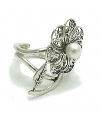 R001456 Genuine Sterling Silver Ring Solid 925 Filigree Flower Adjustable Size Empress
