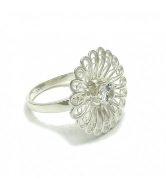 R001605 Filigree Sterling Silver Ring Stamped Solid 925 With 5.5mm Round Cubic Zirconia