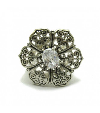 R001636 Sterling Silver Ring Solid 925 Flower With Cubic Zirconia Adjustable Size