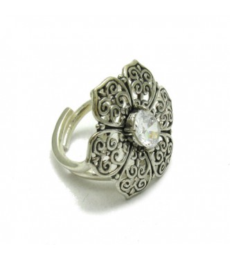 R001636 Sterling Silver Ring Solid 925 Flower With Cubic Zirconia Adjustable Size
